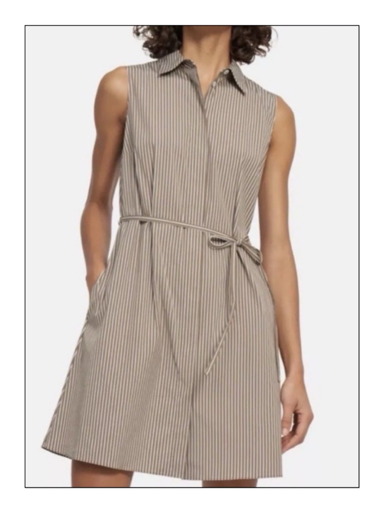 Theory Sleeveless Collared Poplin Pinstripe Shirtdress With Pockets